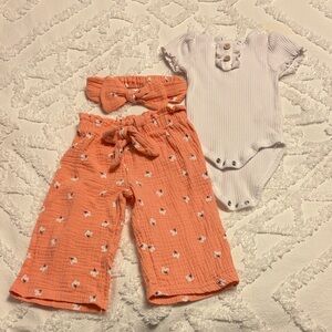 Coral Muslin Baby Pants & Headband Set with White Ribbed Bodysuit, Twins
